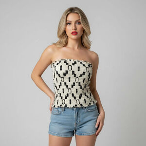 2/$30 H&M Cream and Black Printed Smocked Strapless Tube Top Crop Top Size Large